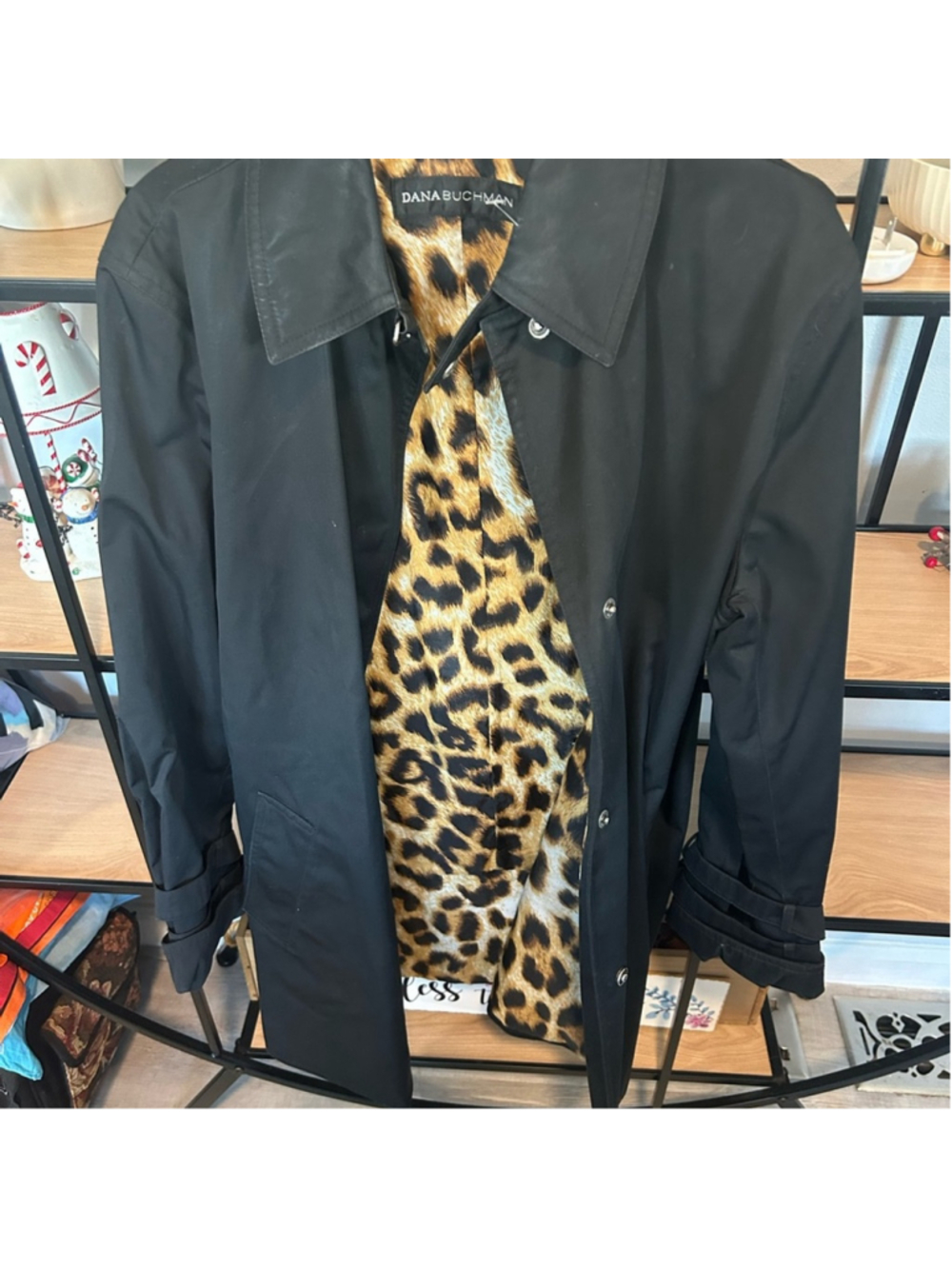 Dana Buchaman black raincoat with leopard Linung